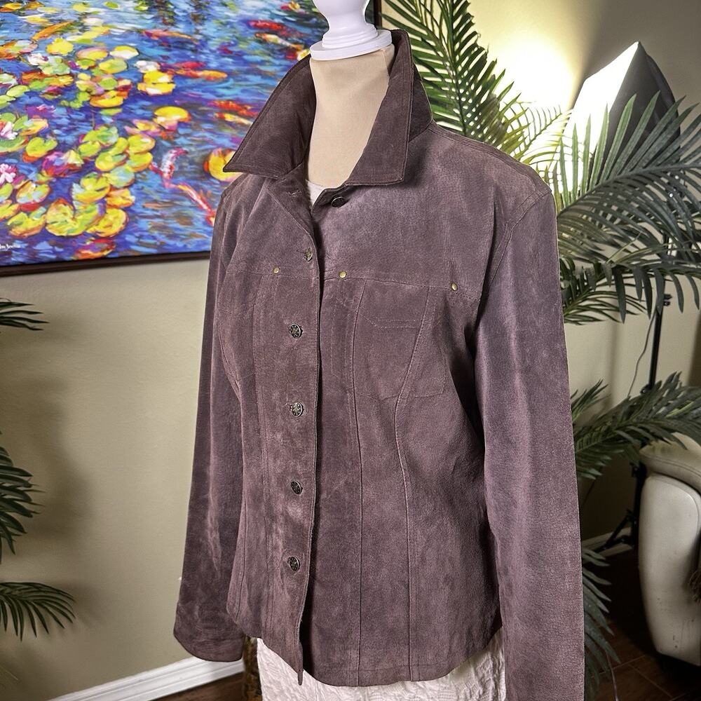 AMI Suede Jacket Shirt Women L Button Dark Brown Leather Lined Shacket